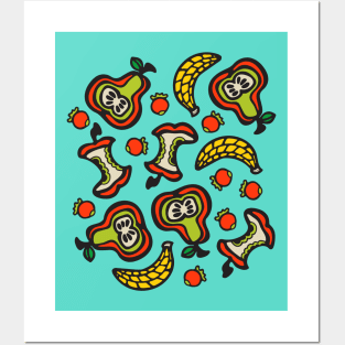 TUTTI FRUTTI Fun Tossed Retro Fruit with Apple Core Pear Banana Berries in Graphic Cartoon Style - UnBlink Studio by Jackie Tahara Posters and Art